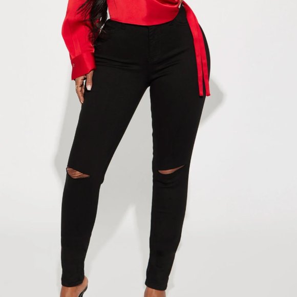 Black High Waist Slit Knee Stretch Jeans - Picture 2 of 5